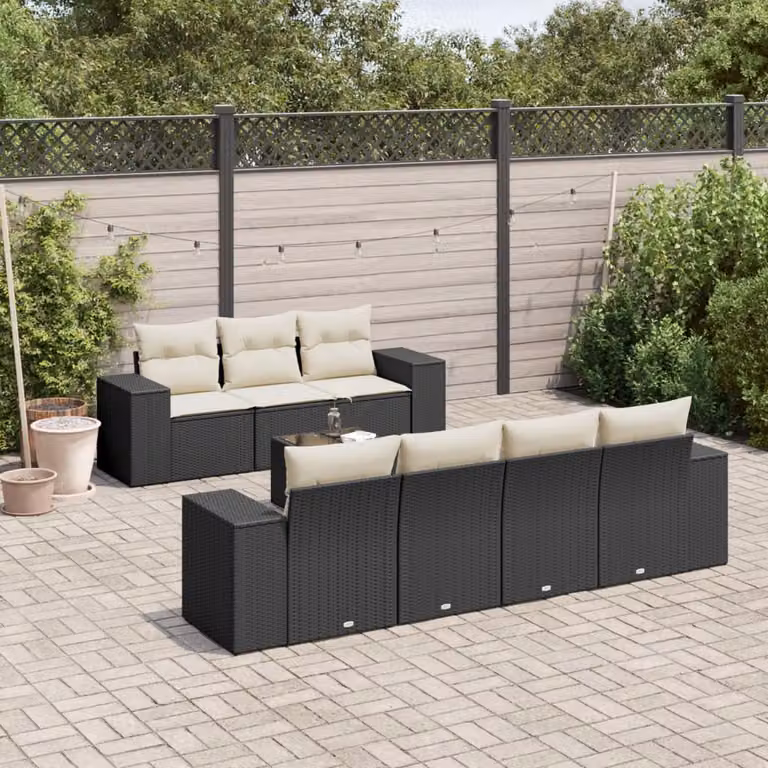 Set di divani da giardino vidaXL in polyrattan nero con 8 cuscini, tavolino e poltrone con struttura in metallo e tessuto resistente ai raggi UV