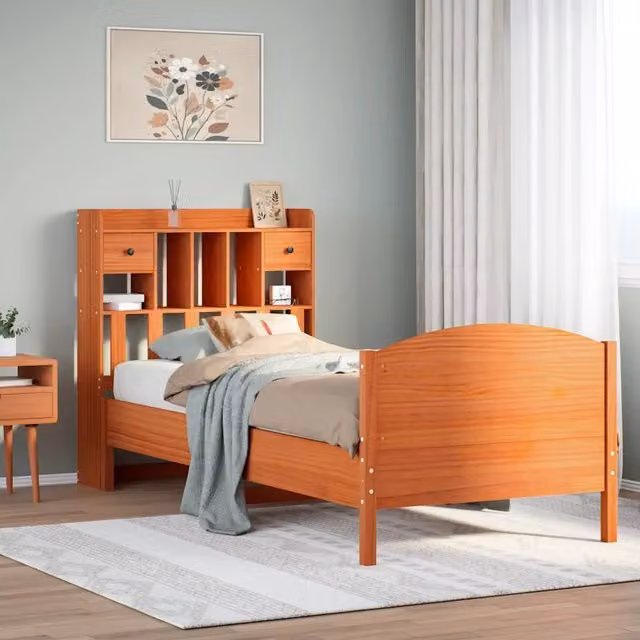 Letto Libreria vidaXL in Legno di Pino Massiccio Marrone Cera con Cassetti e Scaffali L: 190 cm, P: 81 cm, H: 151 cm – 1