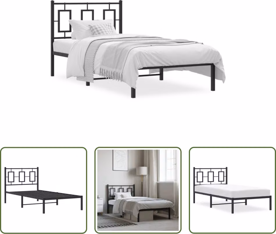 The Living Store Struttura letto con testiera in metallo nero 90x190 cm