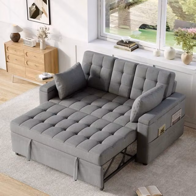 Divano letto MIVRAY a 2 posti estraibile con schienale regolabile, rivestimento in tessuto grigio e vani portaoggetti, L: 159 cm, P: 92 cm, H: 47 cm