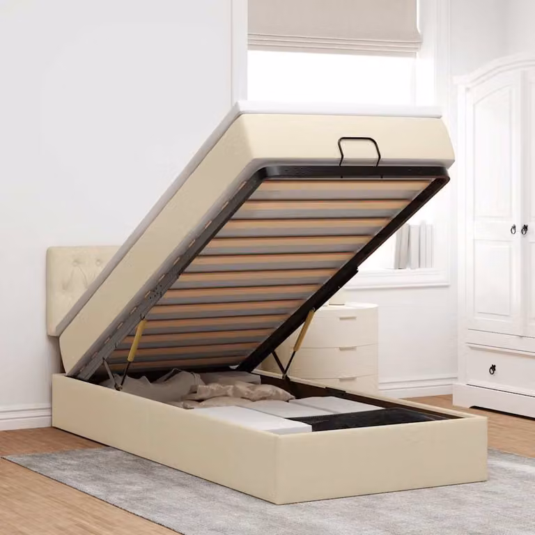 Letto con contenitore e materasso vidaXL in tessuto beige e bianco, L/P/H: 190 x 90 x 45 cm