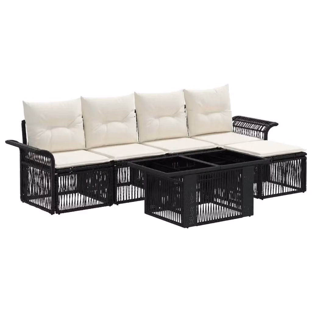 Set Divano da Giardino a L con Polyrattan e Cuscini vidaXL, Nero e Bianco Crema, 6 Pezzi – 2
