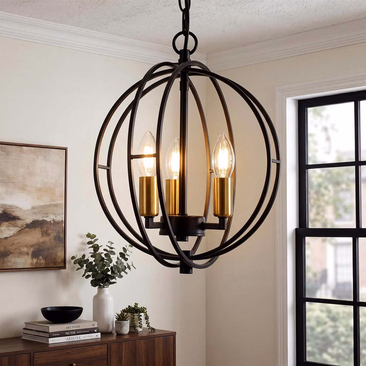 Lampadario a tre luci in stile rustico, lampada a sospensione con sfera in metallo