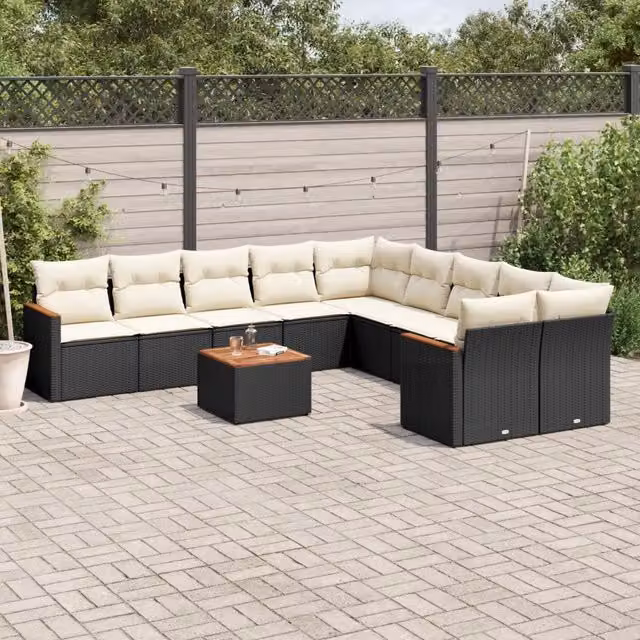 Set di Divani da Giardino vidaXL a Forma di U composto da 11 Pezzi con Cuscini, Colore Nero e Bianco