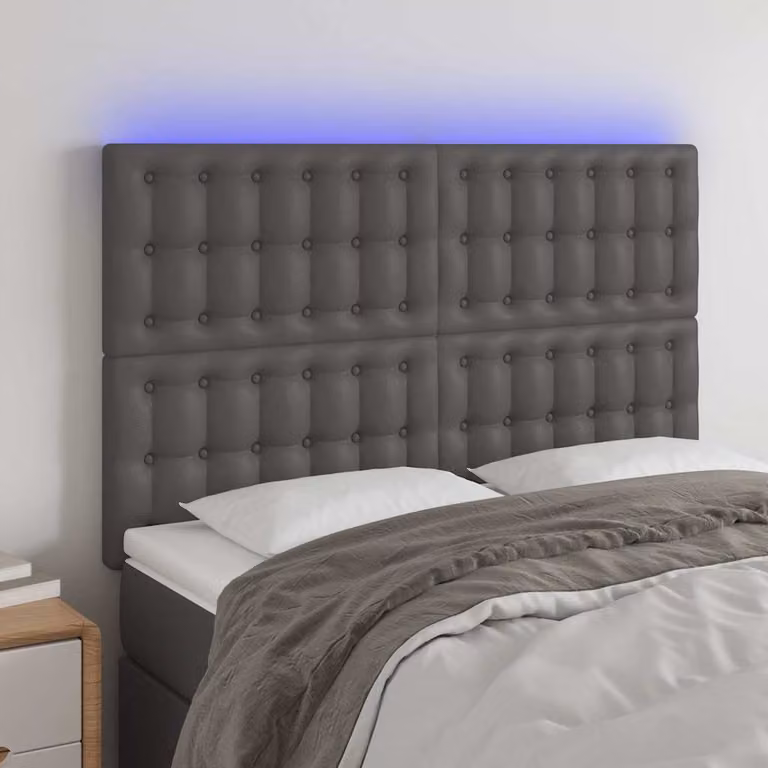 Testiera per letto vidaXL in similpelle grigia con illuminazione LED e porta di ricarica USB, L: 144 cm, P: 5 cm, H: 118/128 cm