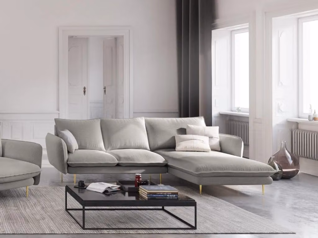 Divano angolare destro Vienna di Cosmopolitan Design, modello a 5 posti in tessuto strutturato grigio chiaro con dettagli oro, L: 255 cm, P: 95 cm, H: 73 cm – 2