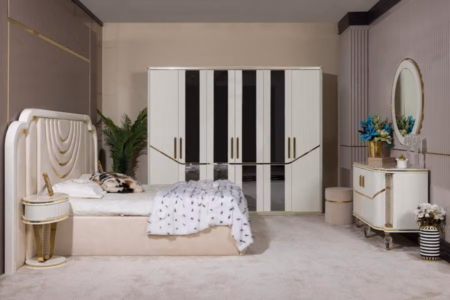Il set camera da letto (letto, 2 comodini, armadio, cassettiera con specchio)