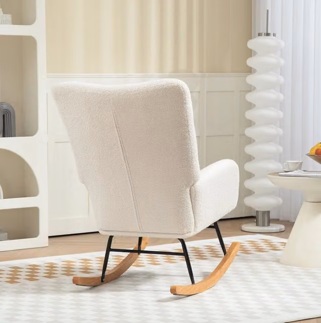 Sedia a dondolo moderna in tessuto bouclé bianco con struttura in legno e metallo L/P/H: 70 x 94 x 100 cm