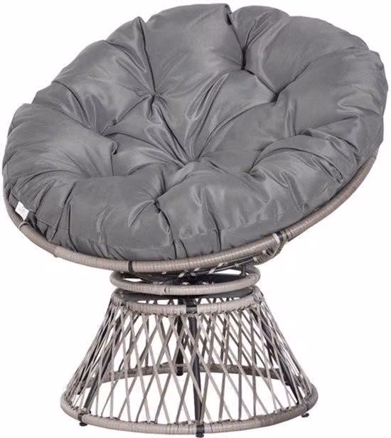 Sedia da giardino in rattan sintetico – Resistente agli agenti atmosferici – Girevole a 360° – Ampio cuscino per seduta – Tessuto in poliestere grigio