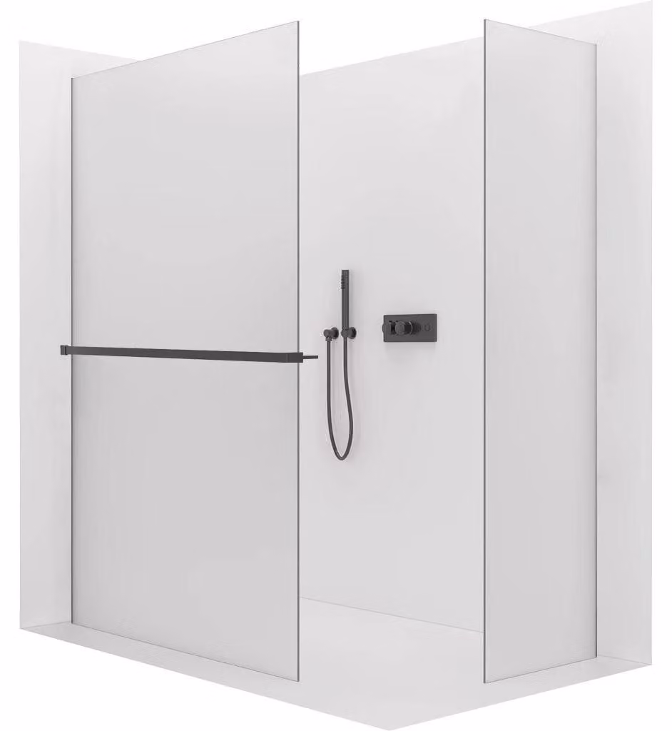 CERANO - Box doccia Walk-in Crystal T L/P - 8 mm - sistema senza montanti + mensola/portasciugamani - nero opaco, vetro smerigliato - 70x50x200 cm
