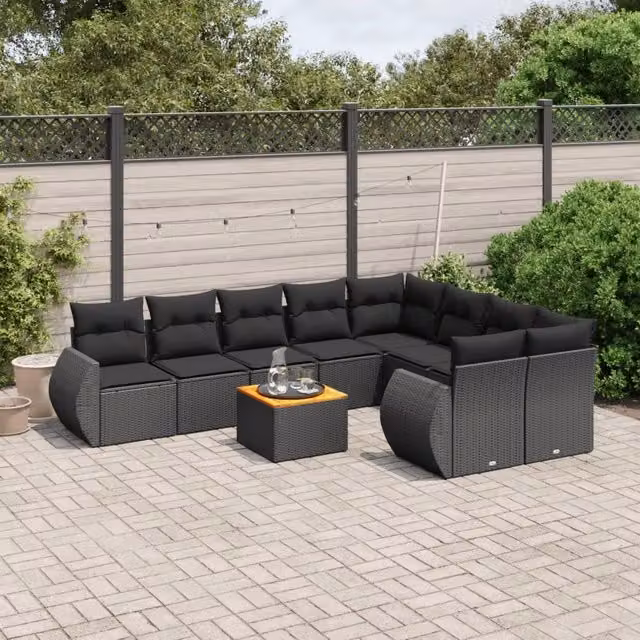 Set Divani da Giardino 10pz con Cuscini in Polyrattan Nero 3225159