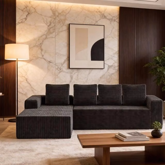 Divano angolare con chaise longue ¨C Minimal ¨C grigio, tessuto velluto corduroy, 3 posti