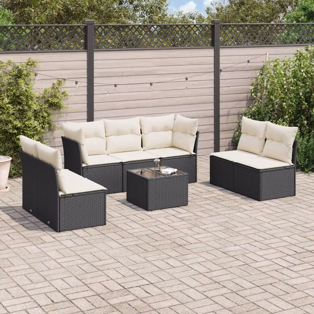 Set di divani da giardino vidaXL a forma di L in polyrattan nero con cuscini e tavolino da esterno – 1