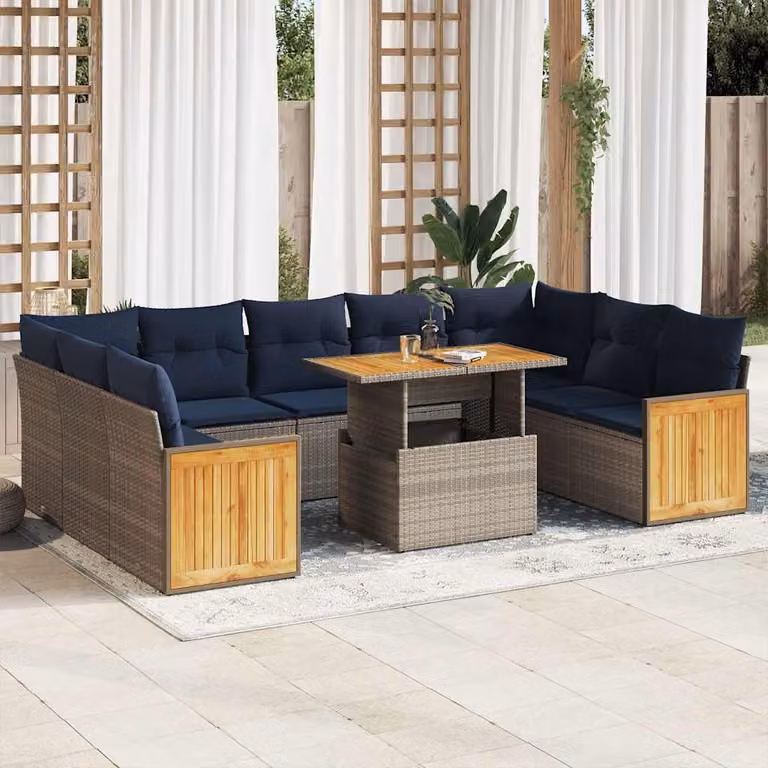 Set Divano da Giardino vidaXL 10 Pezzi a Forma di U in Polyrattan e Legno di Acacia con Cuscini Grigio e Blu