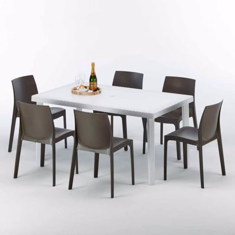Tavolo rettangolare bianco e 6 sedie Set di bastoni da esterno in polipropilene colorato Grand Soleil Rome Summerlife - Brown