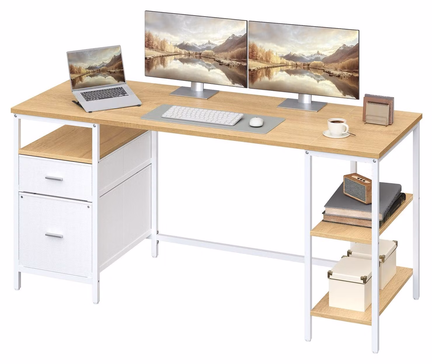 Scrivania con 3 ripiani e 2 cassetti | Noce bianco | 160x60x76 cm
