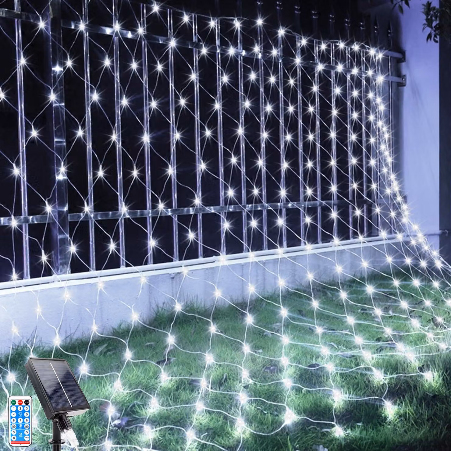 Lampada solare a LED, lunghezza 2x3 metri, 192 LED, 8 modalità, grado di protezione IP66, con telecomando