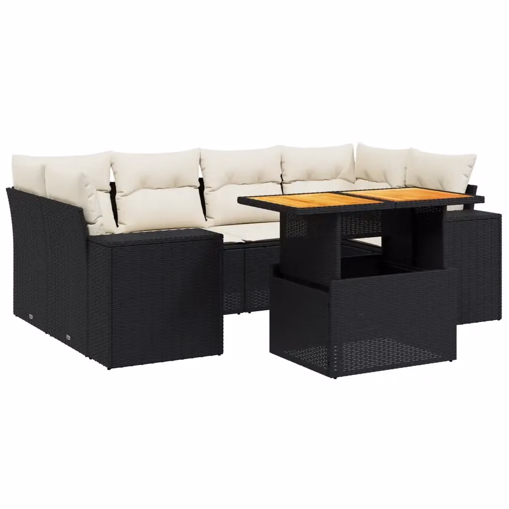 Set di Divani da Giardino a L vidaXL in Polyrattan Nero con 7 Cuscini e Tavolino da Esterno – 2