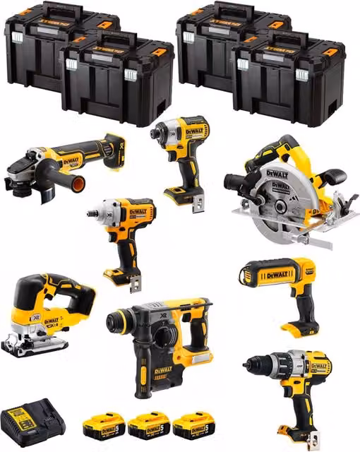 Kit utensili DeWALT DWK801T con avvitatore, trapano, martello perforatore e accessori gialli
