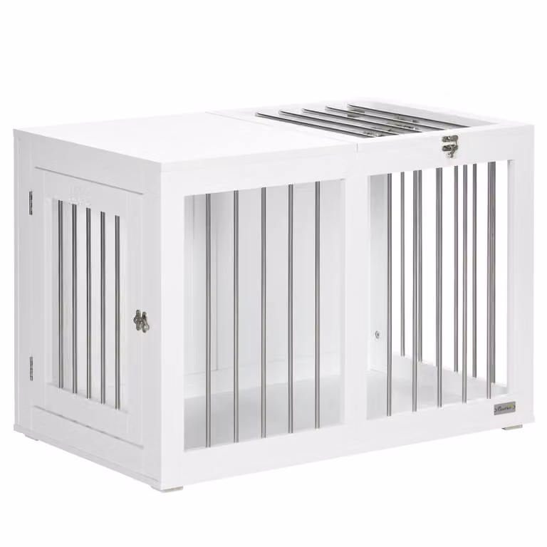 Cuccia per cani Moonbite con due porte dotate di serratura, pavimento rialzato, robusta griglia in acciaio, adatta a cani di taglia media fino a 20 kg, in legno, colore bianco