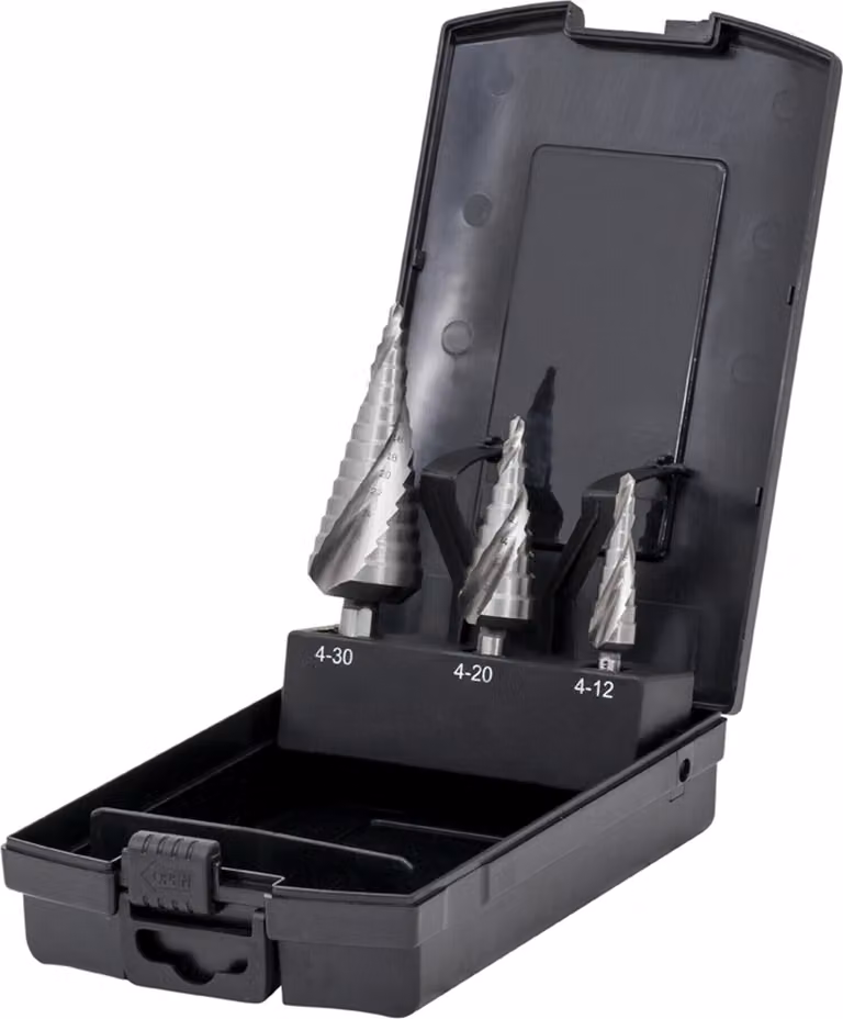 Set di punte a gradino STIER HSS-Co 3 pezzi in cassetta 4-12, 4-20, 4-30 mm, punta per metallo, set di punte per trapano