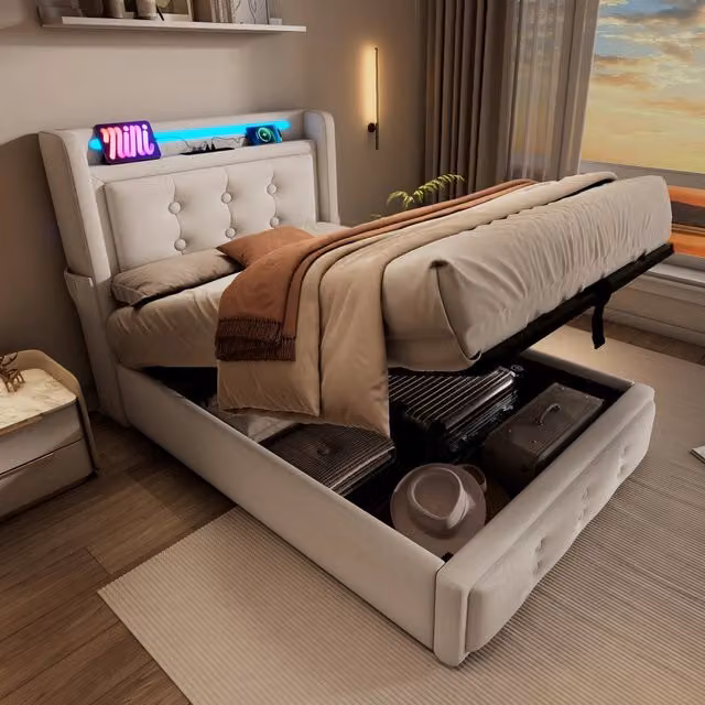 Letto singolo 90x200 imbottito con materasso; contenitore idraulico; testiera LED e prese USB; tessuto in cotone beige