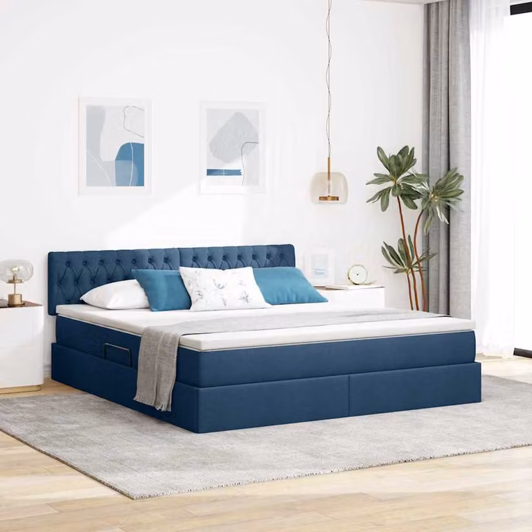Letto con contenitore e illuminazione LED vidaXL in tessuto blu, L/P/H: 160 x 200 x 204 cm