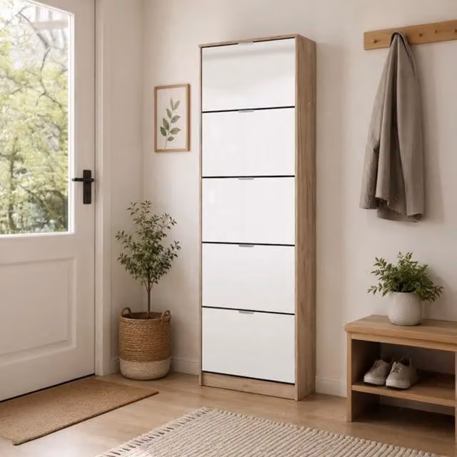 Scarpiera DMORA con specchio e ante a battente, 10 ripiani, Marrone Rovere e Grigio, L: 67 cm, P: 28 cm, H: 191.5 cm – 1