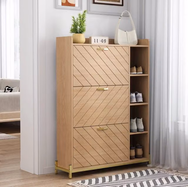 Scarpiera salvaspazio MODFU con ante a ribalta e chiusura soft-close, finitura marrone opaca con dettagli oro, L: 90 cm, P: 24 cm, H: 119 cm
