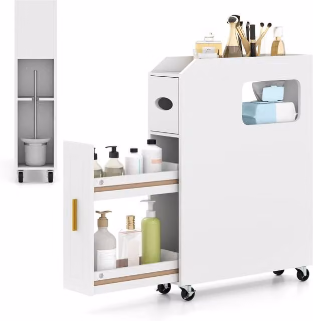 Mobiletto da bagno stretto e slim DESIGN IN Bianco con portascopino e ruote con freno L: 16 cm, H: 69 cm – 1