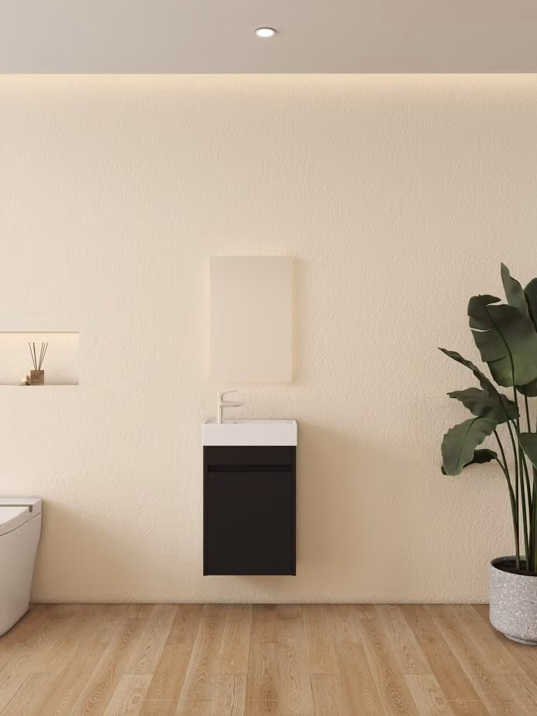 Mobili da bagno - Nero - Lavabo in Vetroceramica bianco lucido, altezza 65 cm, larghezza 41 cm, profondità 22,5 cm
