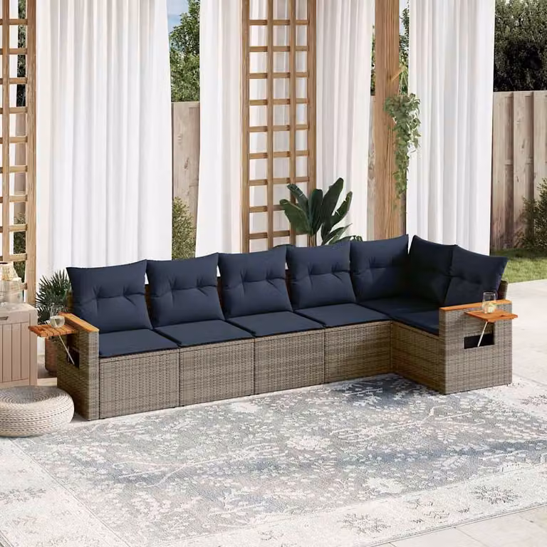 Set Divani da Giardino vidaXL 6 pz a Forma a L con Cuscini Blu e Grigio in Polyrattan e Legno di Acacia