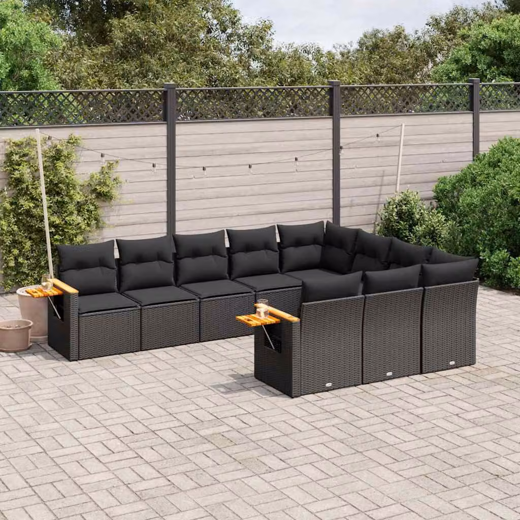 Set di divani da giardino vidaXL in polyrattan nero con cuscini e tavolino da esterno a forma di L – 1