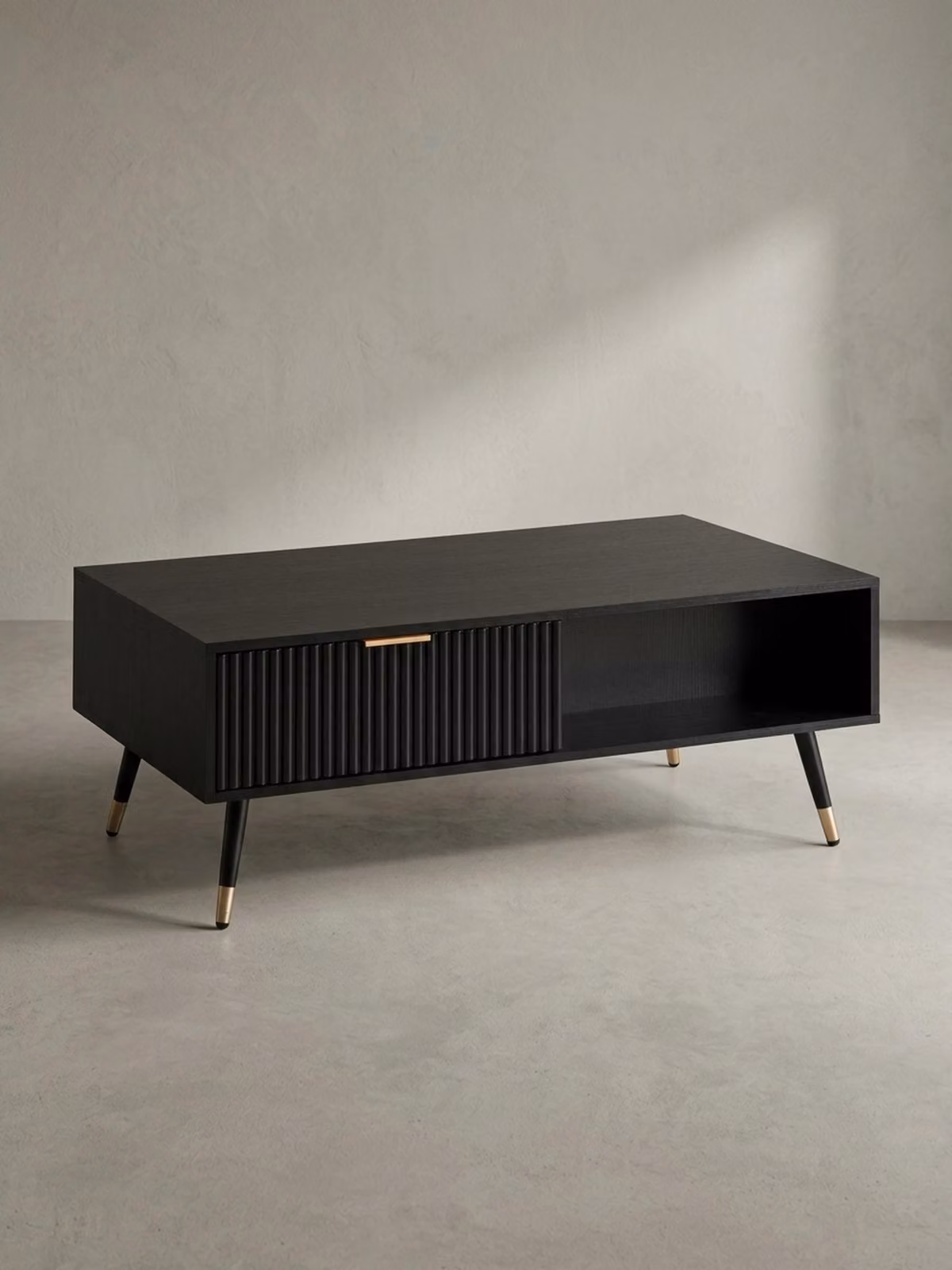 Tavolino da salotto 110x60x43 cm Nero con decorazione in rovere Tavolino da salotto, tavolino rettangolare con spazio contenitivo, tavolino da caffè con cassetti, tavolo da salotto con gambe in metallo