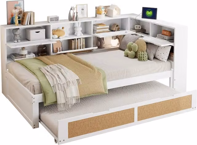 Letto singolo 90x200 cm con letto estraibile 90x190 cm; porte USB e vani; bianco