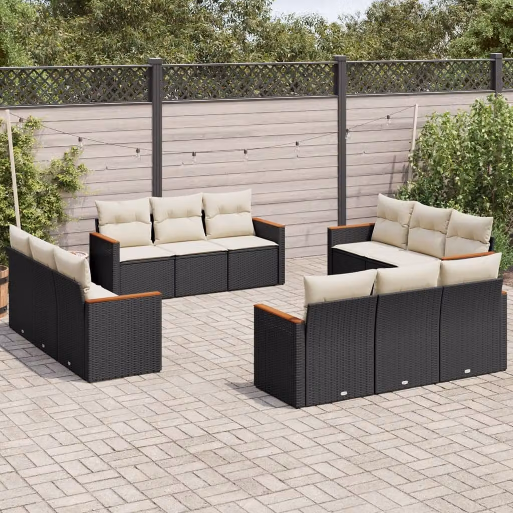 vidaXL Set Divani da Giardino a Forma di U con Cuscini, 12 Pezzi in Polyrattan Nero e Legno di Acacia – 1