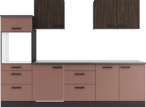 Linea cucina Optifit senza elettrodomestici Rimini409/Nizza407 270 cm, noce rosso ruggine opaco, smontata, versione reversibile KPRN 2789OE-