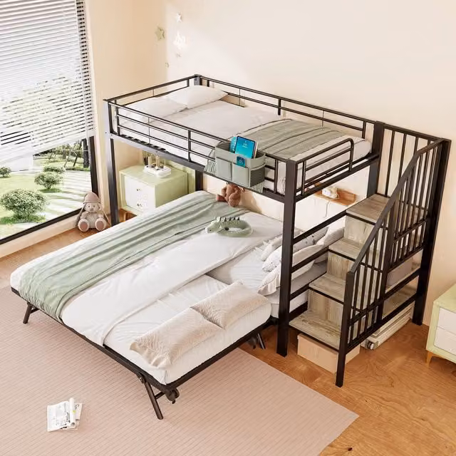Letto a castello 90 × 200 cm con letto estraibile 180 × 200 cm, scale contenitore e tasca laterale, senza materasso, nero