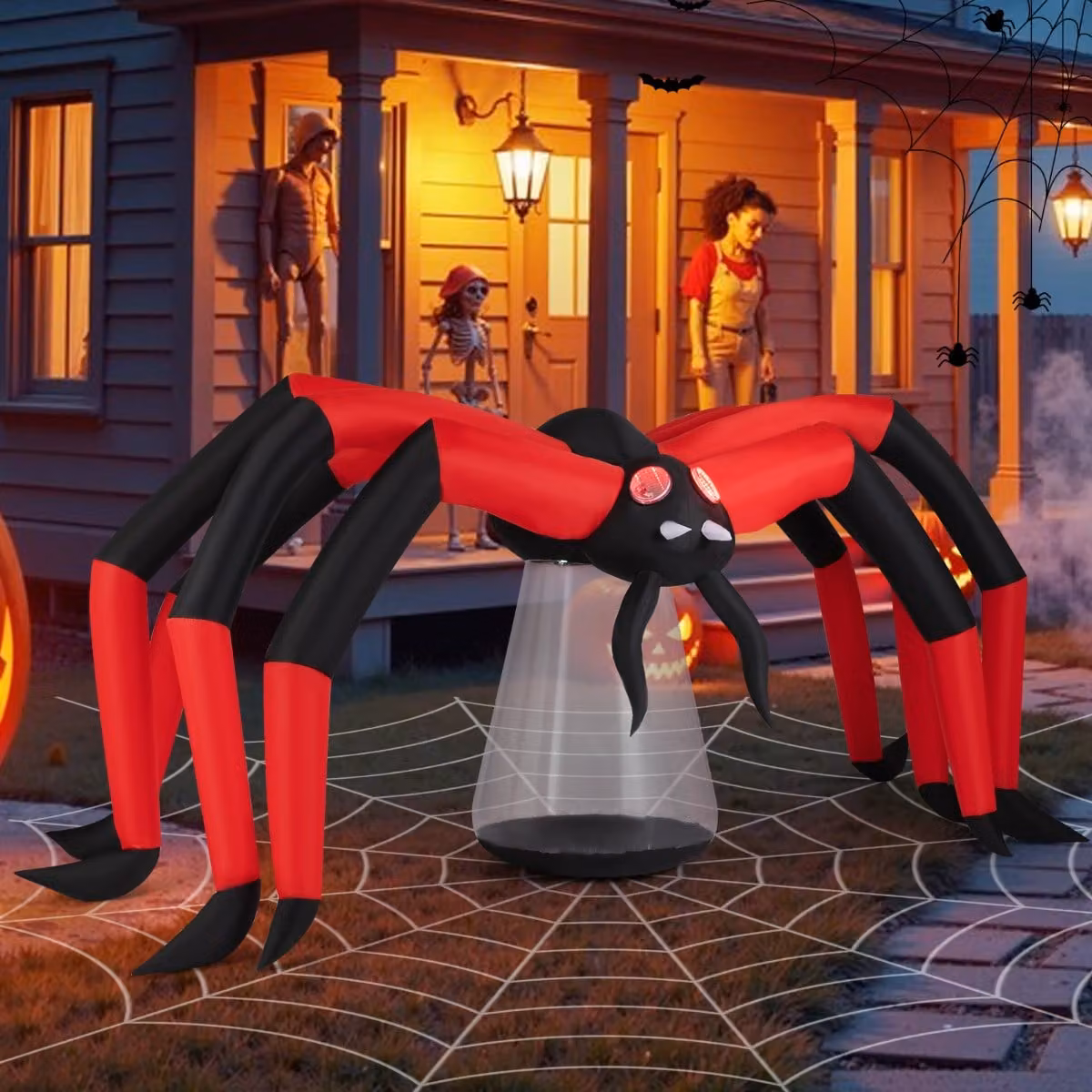 Ragno gonfiabile spaventoso per giardino Halloween Costway con occhi illuminati a tunnel rossi, Nero e rosso