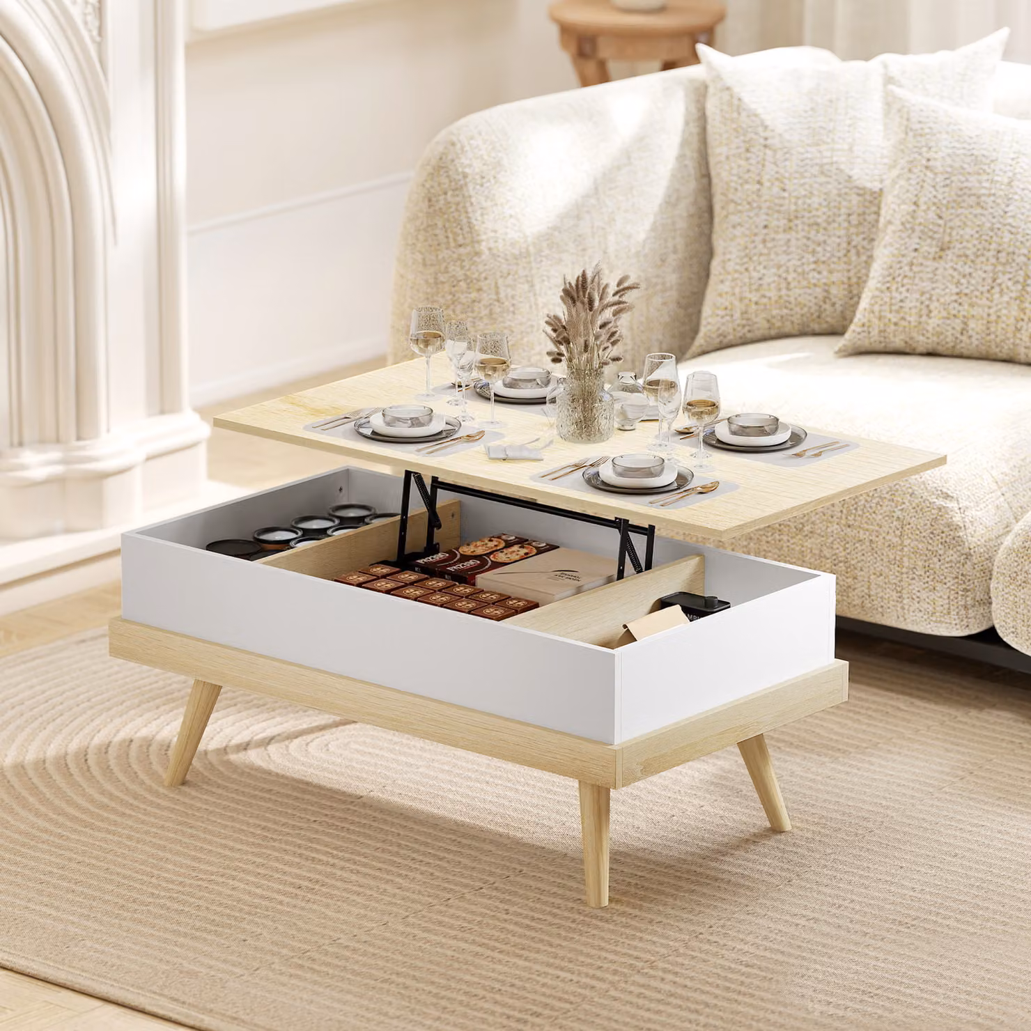Tavolino da caffè sollevabile HOMCOM con 3 scomparti di stoccaggio e gambe in legno, colore naturale e bianco, L: 100 cm, P: 79 cm, H: 54 cm – 2