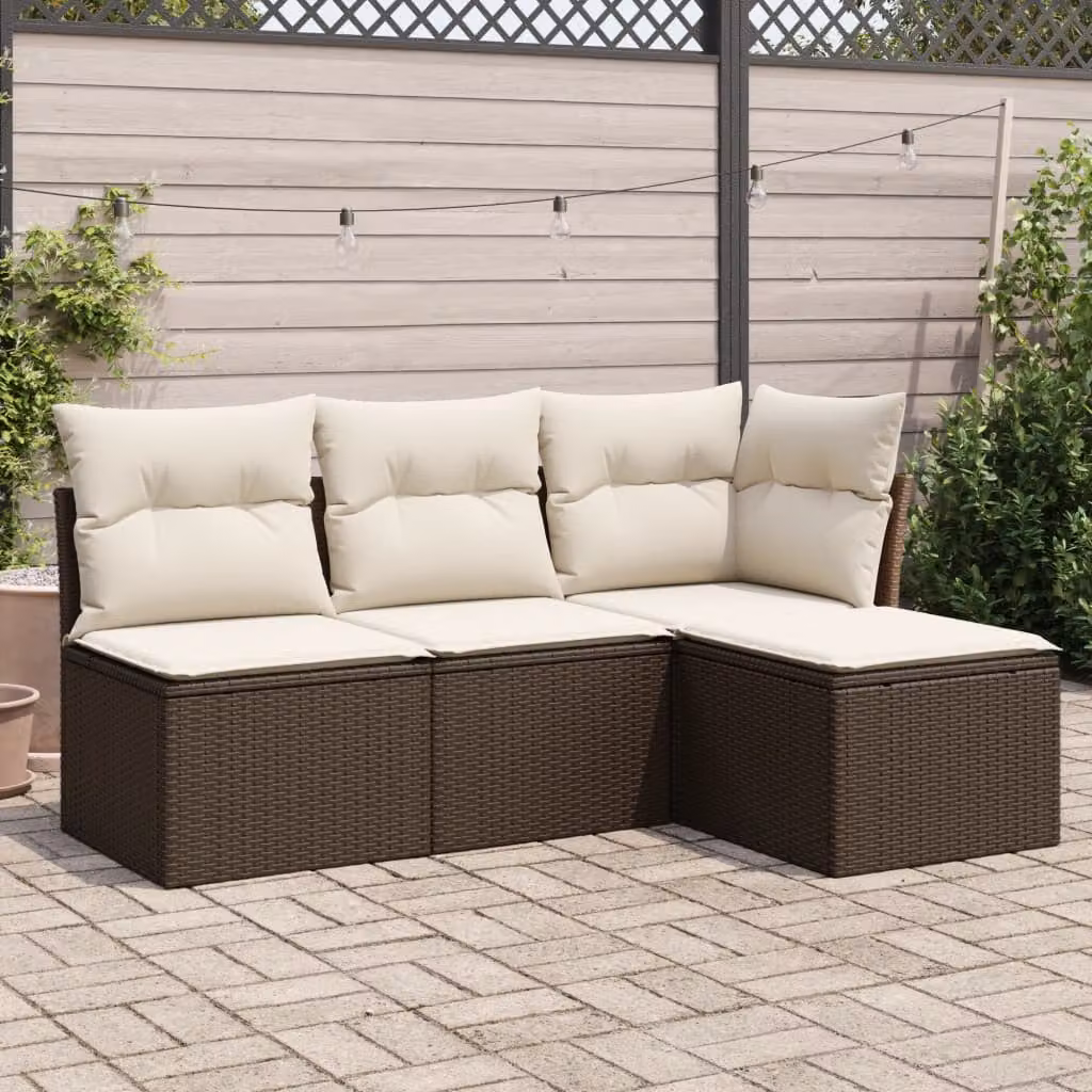 vidaXL Set Divano da Giardino 4 pz a L in Polyrattan Marrone e Bianco con Cuscini Imbottiti e Coperture Rimosse – 1