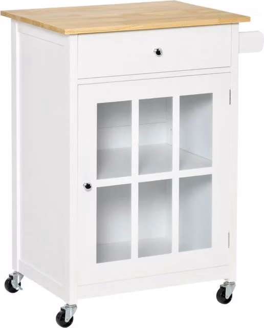 Carrello da cucina con ruote XYLO bianco effetto rovere chiaro con porta vetro e cassetto L/P/H: 48.0 x 19.5 x 86.5 cm