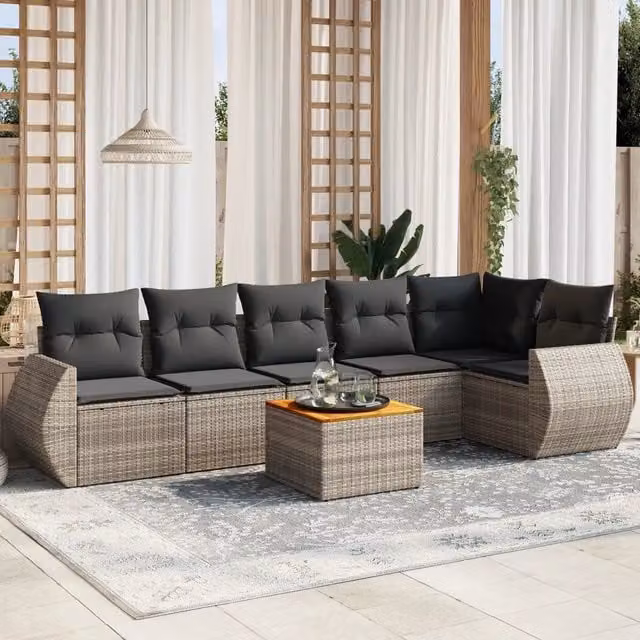 Set Divani da Giardino 7 pz con Cuscini Grigio in Polyrattan 3225017