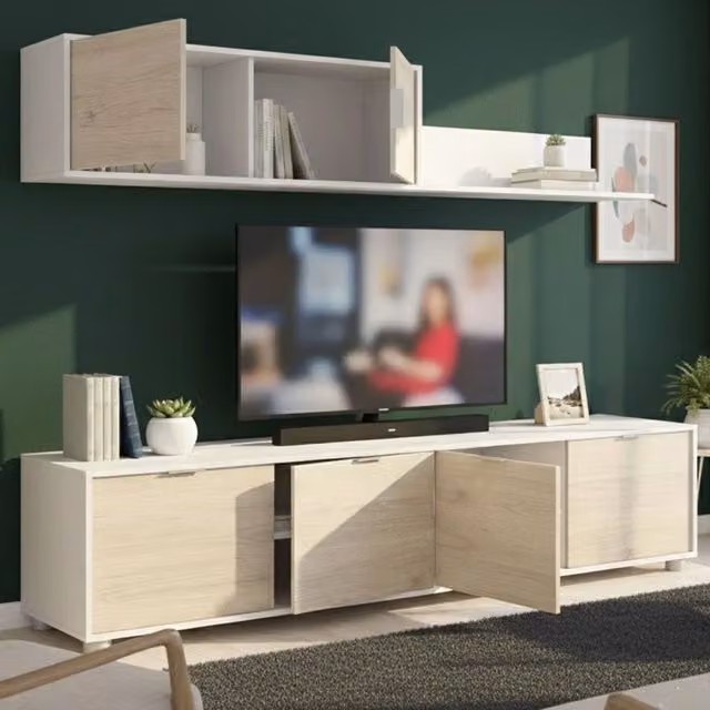 Parete attrezzata Winnie, Composizione soggiorno, Mobile salotto multiuso, Armadio porta TV, 200x40 h43 cm, Bianco e Rovere