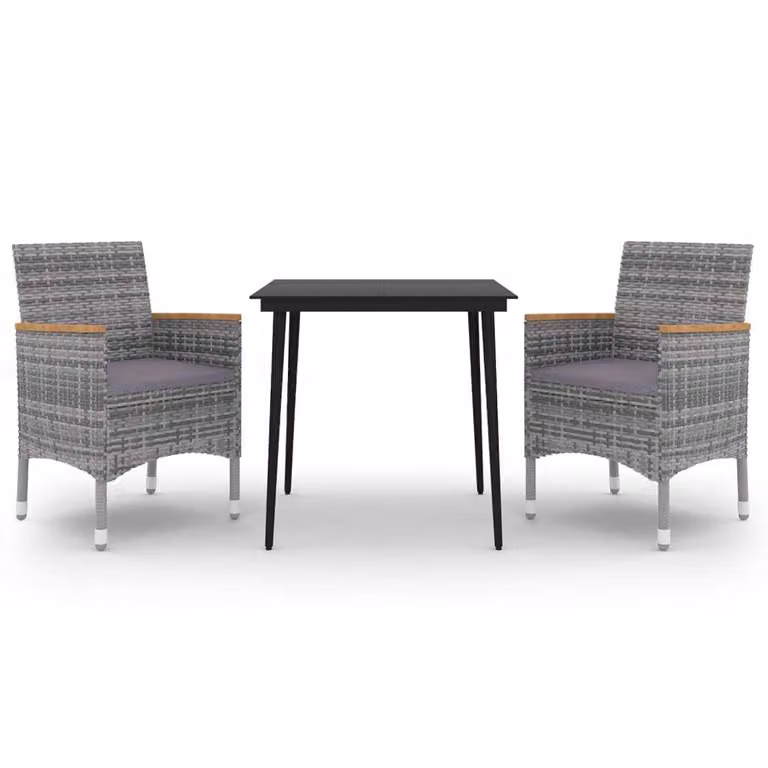Set da Pranzo per Giardino 3 pz con Cuscini Polyrattan e Vetro