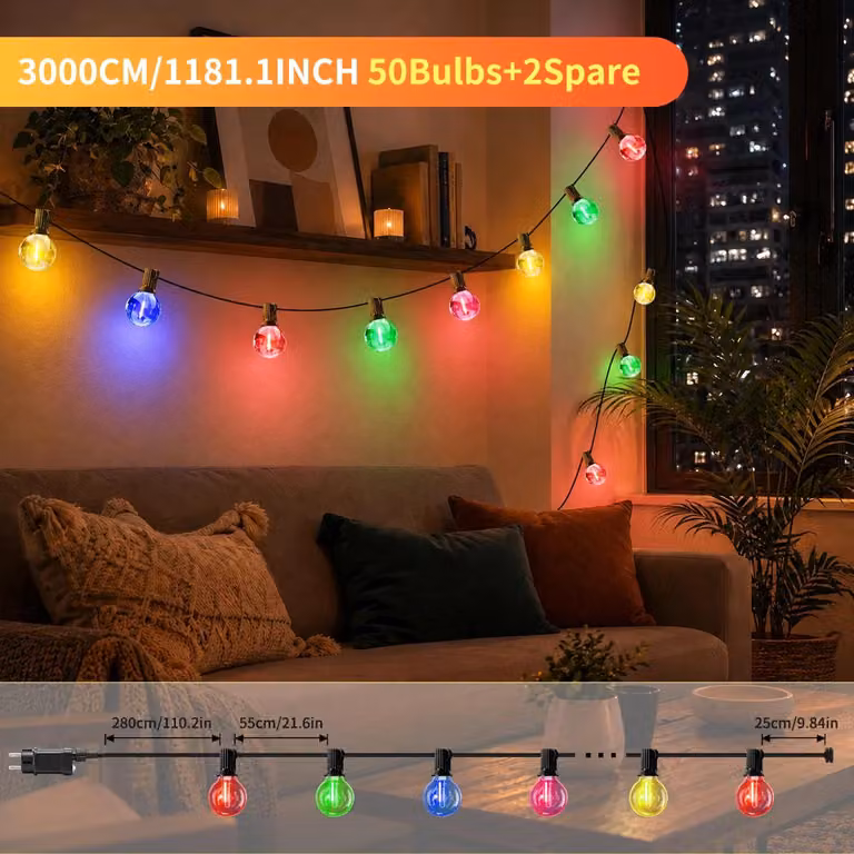 Catena luminosa LED G40 - Illuminazione per esterni - 30 metri - 50 luci - Multicolore - 8 modalità di illuminazione - Impermeabile - Spina di tipo EU