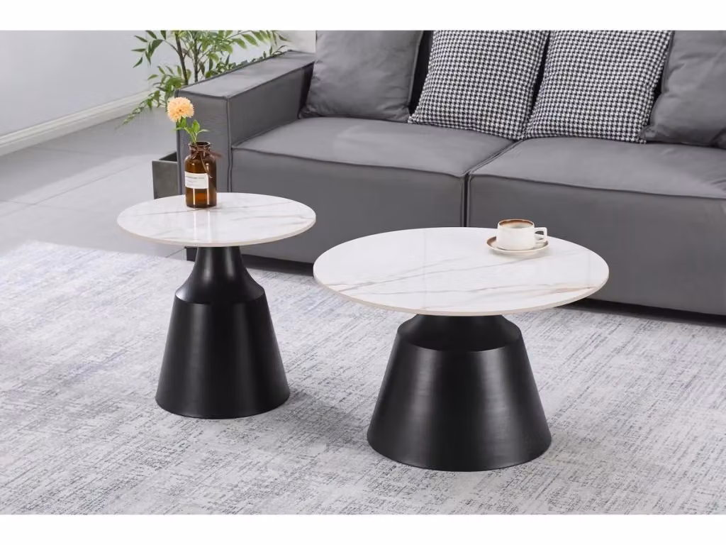 Set di 2 tavolini da caffè Habitat Vulca in ceramica e metallo bianchi con design astratto e moderno, L/P/H: 70 x 70 x 43 cm – 2