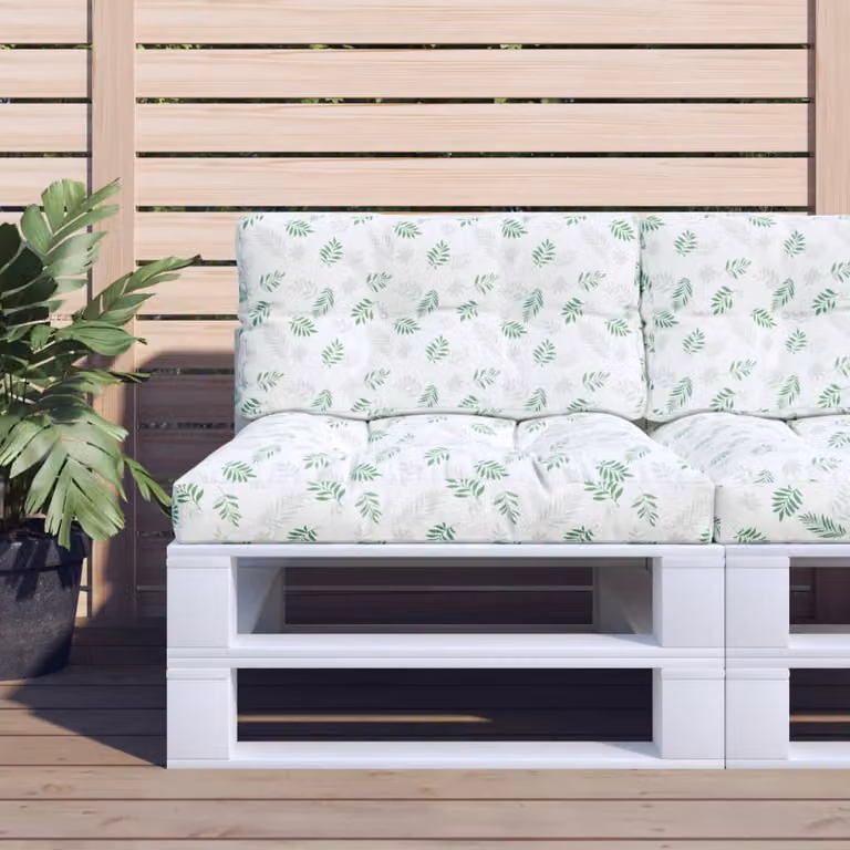 Set di 2 cuscini per pallet vidaXL con motivo a foglie, colore verde e bianco, in poliestere resistente all'acqua e ai raggi UV