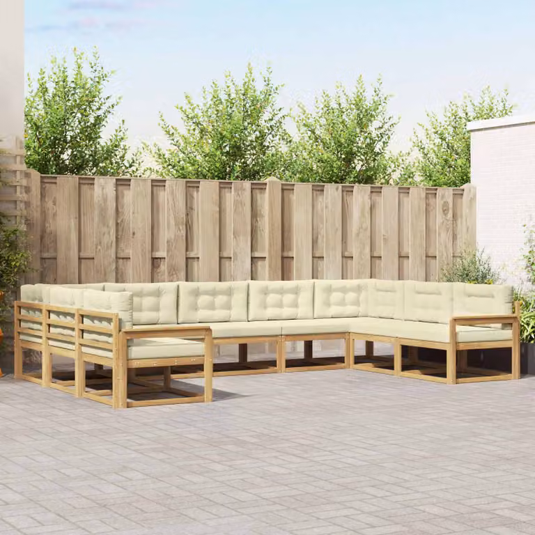Set di divani da esterno vidaXL a forma di L in legno di acacia con cuscini, 9 pezzi, Bianco e Beige