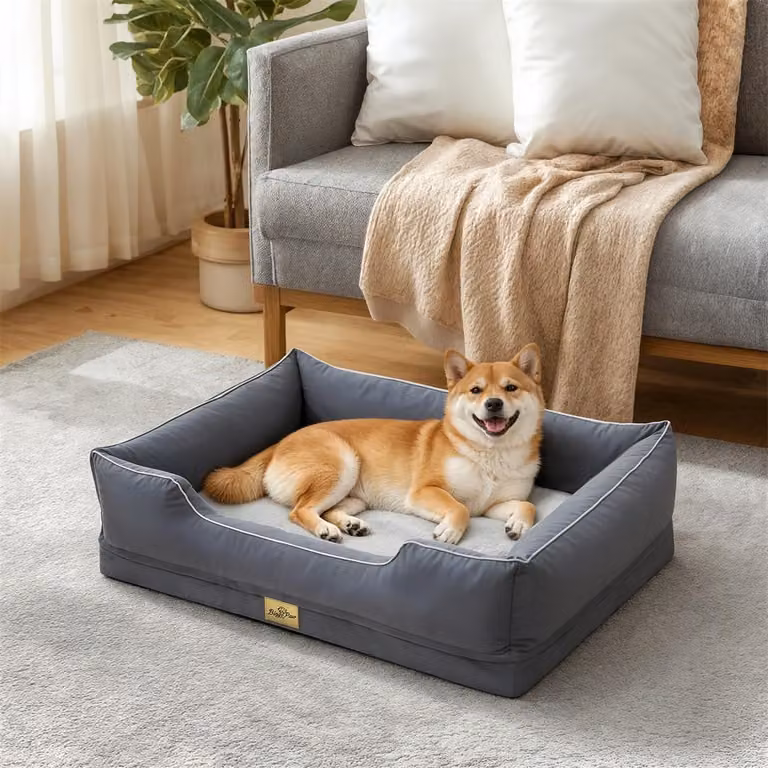 WISFOR Lettino per cani, divanetto per cani, cuscino per cani, bordi rialzati, rivestimento impermeabile e lavabile, sfoderabile, L: 94,5 x 67 x 19,5 cm, grigio